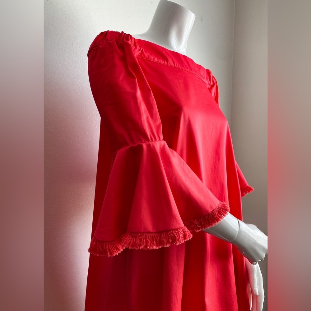 $398 N/Nicholas Red Bell Sleeve Off Shoulder High Low Cotton Mini Dress Vacation - Picture 9 of 13